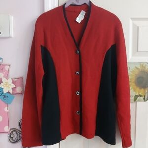 ANNE PEDERSEN 80s classic Large  Red Black Wool Blend Cardigan Old Money Classy